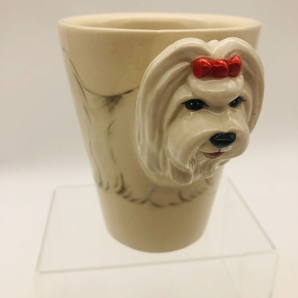Blue Witch Ceramics Maltese Dog Mug With 3D Dog Head Handle Red Bow Hand Painted